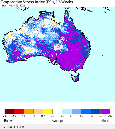 Australia Evaporative Stress Index (ESI), 12-Weeks Thematic Map For 11/21/2022 - 11/27/2022