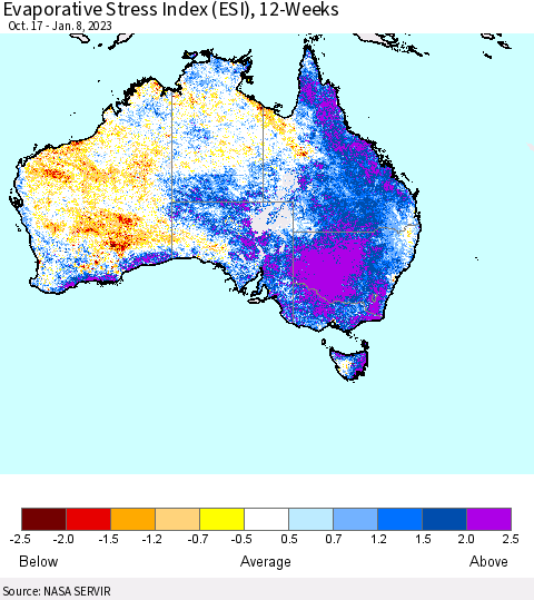 Australia Evaporative Stress Index (ESI), 12-Weeks Thematic Map For 1/2/2023 - 1/8/2023