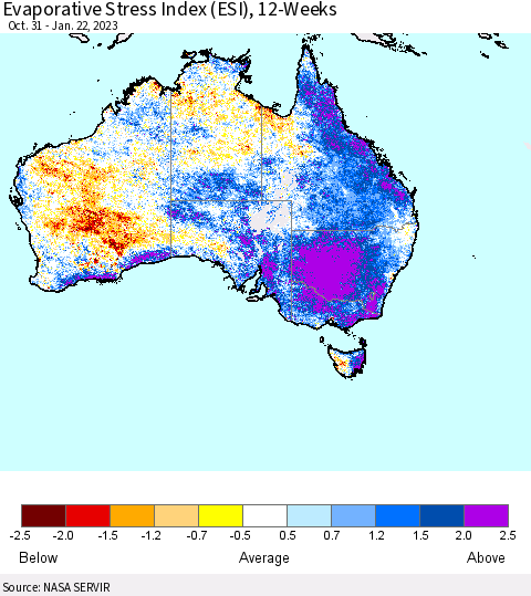 Australia Evaporative Stress Index (ESI), 12-Weeks Thematic Map For 1/16/2023 - 1/22/2023