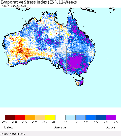Australia Evaporative Stress Index (ESI), 12-Weeks Thematic Map For 1/23/2023 - 1/29/2023