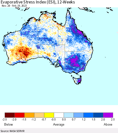 Australia Evaporative Stress Index (ESI), 12-Weeks Thematic Map For 2/13/2023 - 2/19/2023