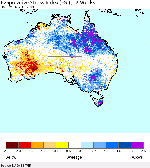 Australia Evaporative Stress Index (ESI), 12-Weeks Thematic Map For 3/13/2023 - 3/19/2023