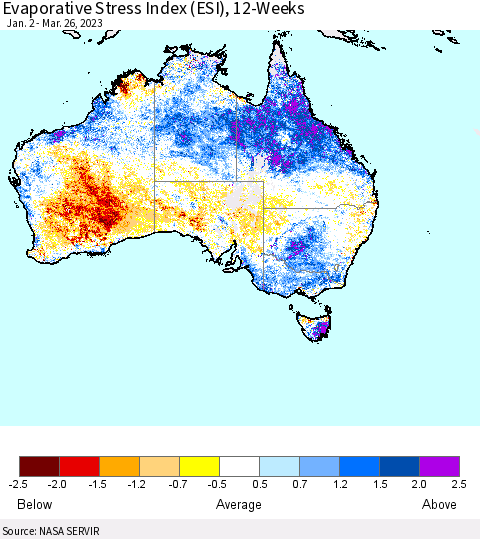 Australia Evaporative Stress Index (ESI), 12-Weeks Thematic Map For 3/20/2023 - 3/26/2023