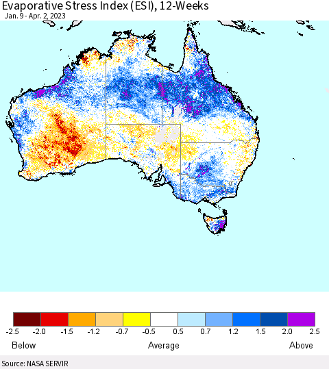 Australia Evaporative Stress Index (ESI), 12-Weeks Thematic Map For 3/27/2023 - 4/2/2023