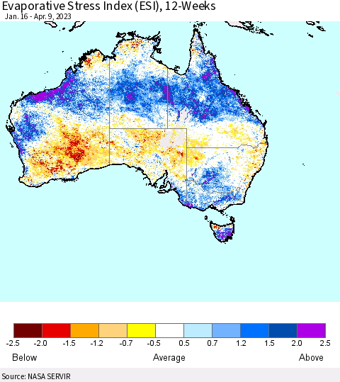 Australia Evaporative Stress Index (ESI), 12-Weeks Thematic Map For 4/3/2023 - 4/9/2023