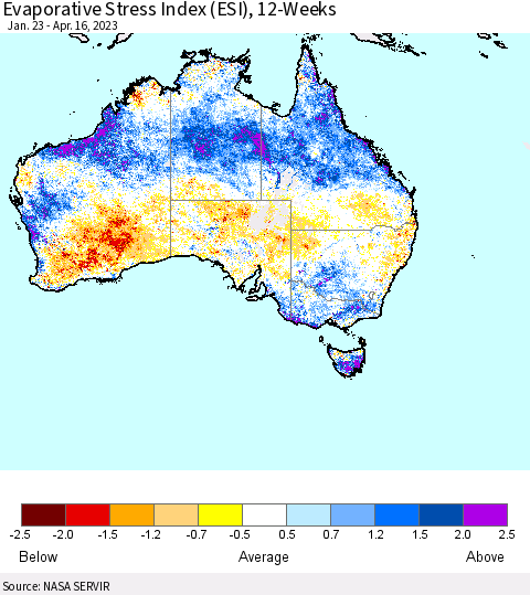 Australia Evaporative Stress Index (ESI), 12-Weeks Thematic Map For 4/10/2023 - 4/16/2023