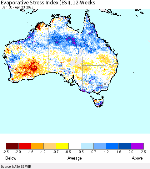 Australia Evaporative Stress Index (ESI), 12-Weeks Thematic Map For 4/17/2023 - 4/23/2023