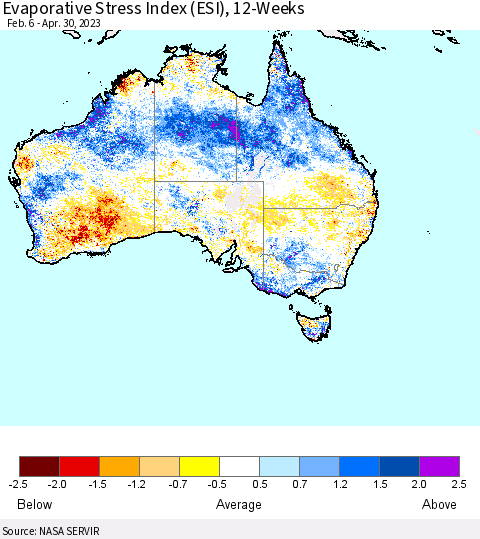 Australia Evaporative Stress Index (ESI), 12-Weeks Thematic Map For 4/24/2023 - 4/30/2023