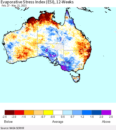 Australia Evaporative Stress Index (ESI), 12-Weeks Thematic Map For 5/15/2023 - 5/21/2023