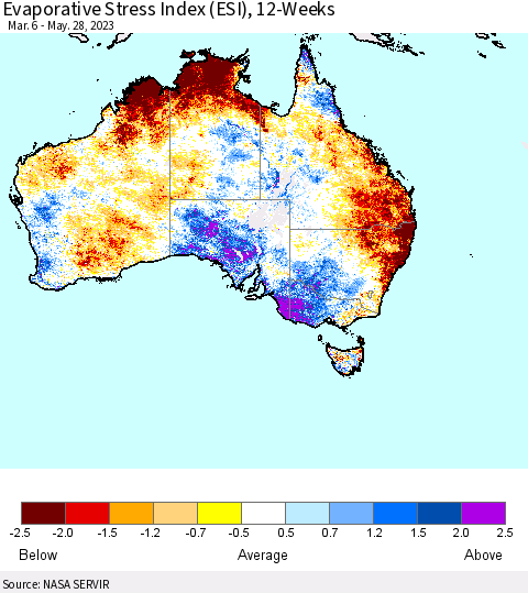 Australia Evaporative Stress Index (ESI), 12-Weeks Thematic Map For 5/22/2023 - 5/28/2023