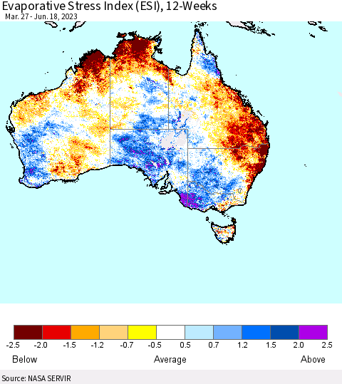 Australia Evaporative Stress Index (ESI), 12-Weeks Thematic Map For 6/12/2023 - 6/18/2023