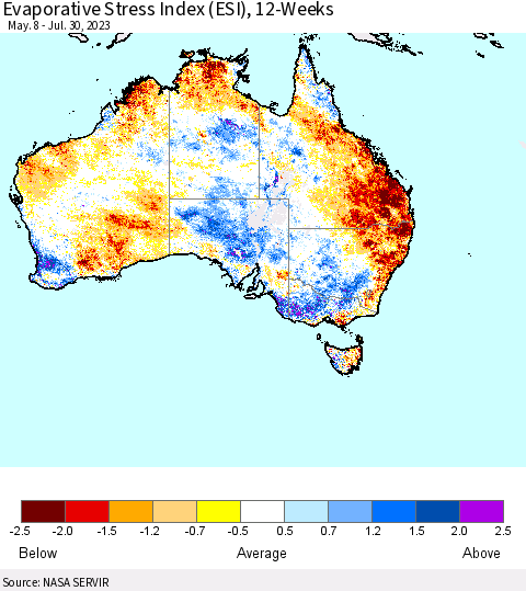 Australia Evaporative Stress Index (ESI), 12-Weeks Thematic Map For 7/24/2023 - 7/30/2023