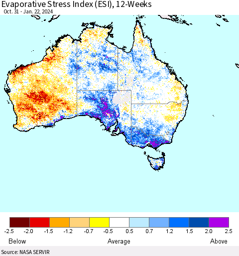 Australia Evaporative Stress Index (ESI), 12-Weeks Thematic Map For 1/22/2024 - 1/28/2024