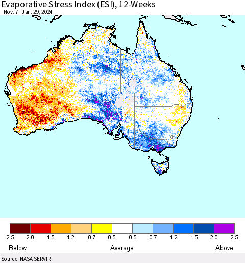Australia Evaporative Stress Index (ESI), 12-Weeks Thematic Map For 1/29/2024 - 2/4/2024