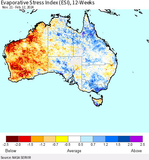 Australia Evaporative Stress Index (ESI), 12-Weeks Thematic Map For 2/12/2024 - 2/18/2024