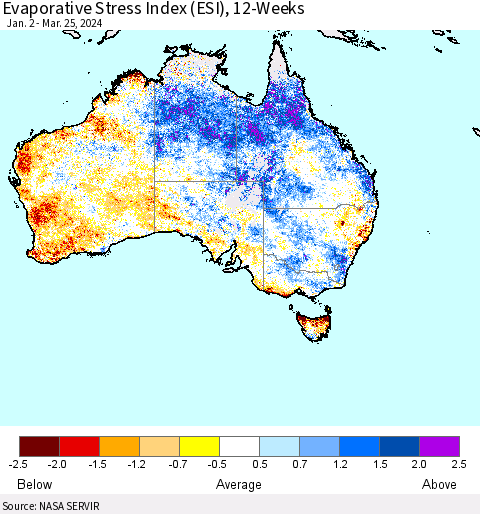 Australia Evaporative Stress Index (ESI), 12-Weeks Thematic Map For 3/25/2024 - 3/31/2024