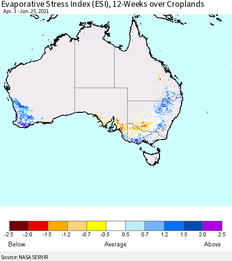 Australia Evaporative Stress Index (ESI), 12-Weeks over Croplands Thematic Map For 6/21/2021 - 6/27/2021