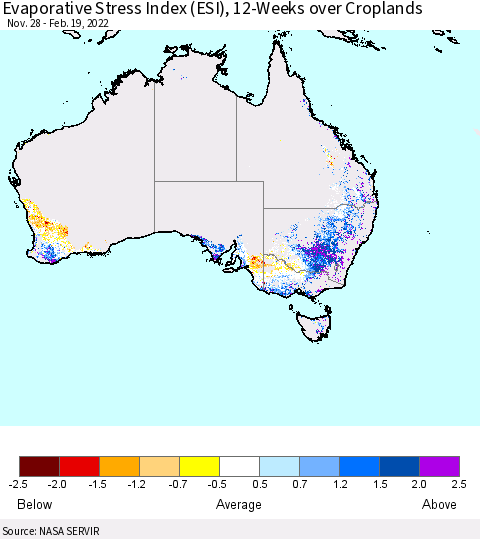 Australia Evaporative Stress Index (ESI), 12-Weeks over Croplands Thematic Map For 2/14/2022 - 2/20/2022