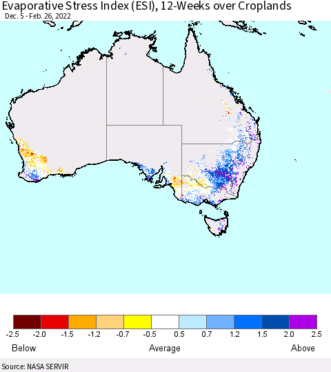 Australia Evaporative Stress Index (ESI), 12-Weeks over Croplands Thematic Map For 2/21/2022 - 2/27/2022