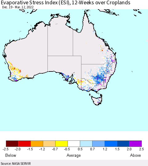 Australia Evaporative Stress Index (ESI), 12-Weeks over Croplands Thematic Map For 3/7/2022 - 3/13/2022