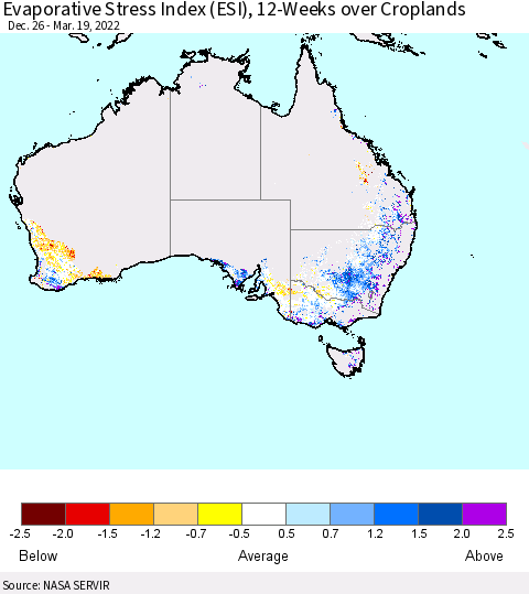 Australia Evaporative Stress Index (ESI), 12-Weeks over Croplands Thematic Map For 3/14/2022 - 3/20/2022