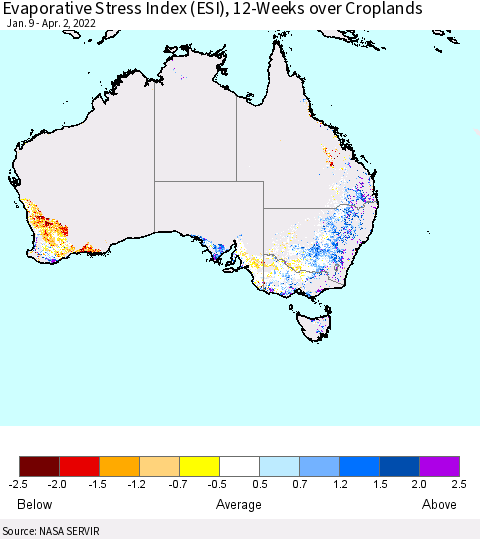 Australia Evaporative Stress Index (ESI), 12-Weeks over Croplands Thematic Map For 3/28/2022 - 4/3/2022