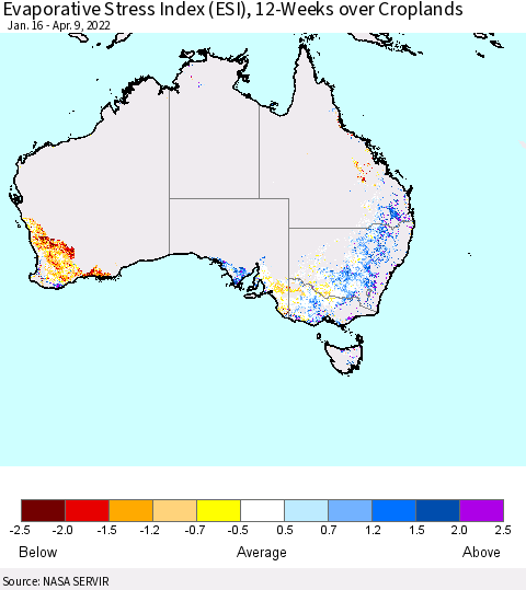 Australia Evaporative Stress Index (ESI), 12-Weeks over Croplands Thematic Map For 4/4/2022 - 4/10/2022