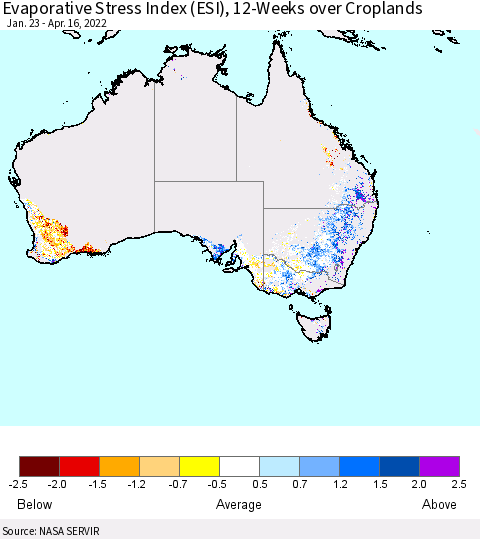 Australia Evaporative Stress Index (ESI), 12-Weeks over Croplands Thematic Map For 4/11/2022 - 4/17/2022