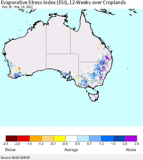 Australia Evaporative Stress Index (ESI), 12-Weeks over Croplands Thematic Map For 5/9/2022 - 5/15/2022