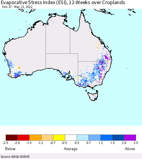 Australia Evaporative Stress Index (ESI), 12-Weeks over Croplands Thematic Map For 5/16/2022 - 5/22/2022