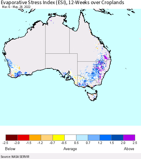 Australia Evaporative Stress Index (ESI), 12-Weeks over Croplands Thematic Map For 5/23/2022 - 5/29/2022