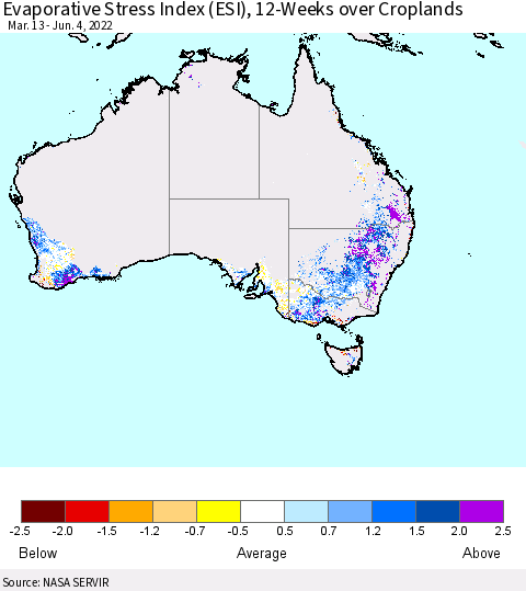 Australia Evaporative Stress Index (ESI), 12-Weeks over Croplands Thematic Map For 5/30/2022 - 6/5/2022