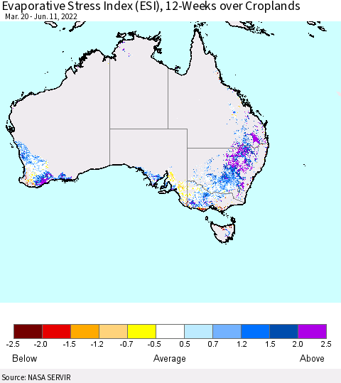 Australia Evaporative Stress Index (ESI), 12-Weeks over Croplands Thematic Map For 6/6/2022 - 6/12/2022