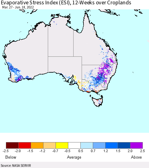 Australia Evaporative Stress Index (ESI), 12-Weeks over Croplands Thematic Map For 6/13/2022 - 6/19/2022