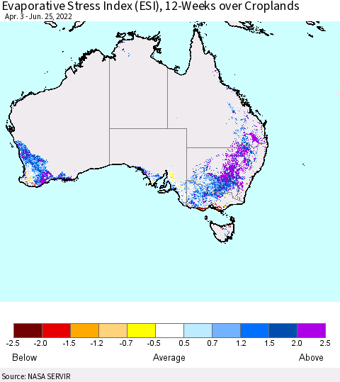 Australia Evaporative Stress Index (ESI), 12-Weeks over Croplands Thematic Map For 6/20/2022 - 6/26/2022