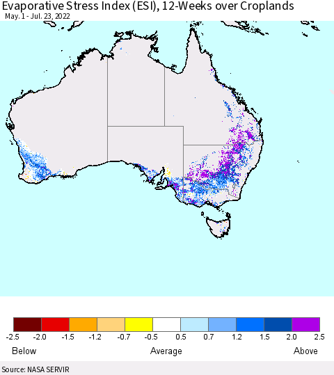 Australia Evaporative Stress Index (ESI), 12-Weeks over Croplands Thematic Map For 7/18/2022 - 7/24/2022