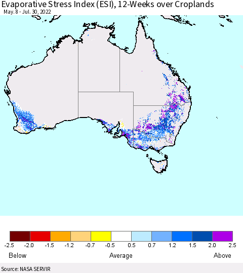Australia Evaporative Stress Index (ESI), 12-Weeks over Croplands Thematic Map For 7/25/2022 - 7/31/2022