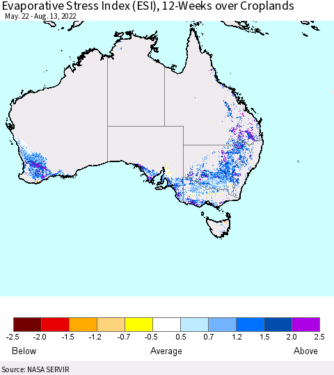 Australia Evaporative Stress Index (ESI), 12-Weeks over Croplands Thematic Map For 8/8/2022 - 8/14/2022