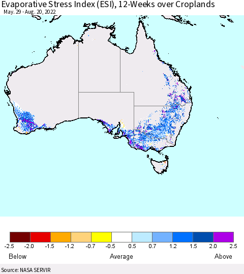 Australia Evaporative Stress Index (ESI), 12-Weeks over Croplands Thematic Map For 8/15/2022 - 8/21/2022