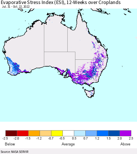 Australia Evaporative Stress Index (ESI), 12-Weeks over Croplands Thematic Map For 10/17/2022 - 10/23/2022