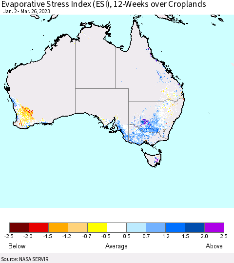 Australia Evaporative Stress Index (ESI), 12-Weeks over Croplands Thematic Map For 3/20/2023 - 3/26/2023