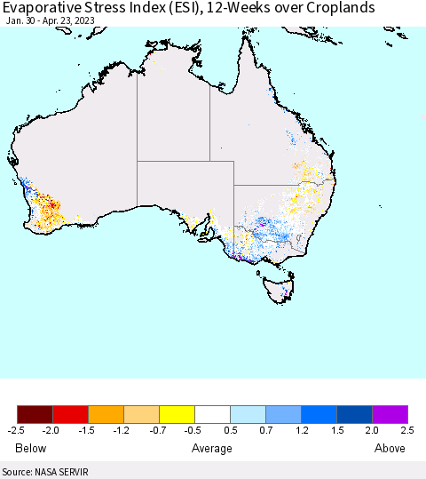 Australia Evaporative Stress Index (ESI), 12-Weeks over Croplands Thematic Map For 4/17/2023 - 4/23/2023