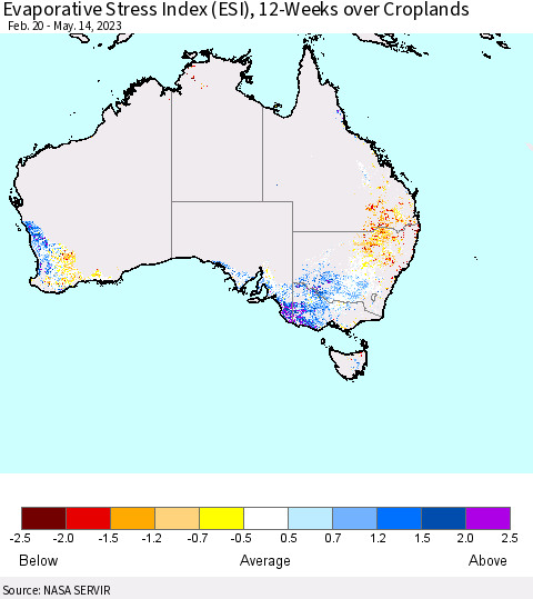 Australia Evaporative Stress Index (ESI), 12-Weeks over Croplands Thematic Map For 5/8/2023 - 5/14/2023