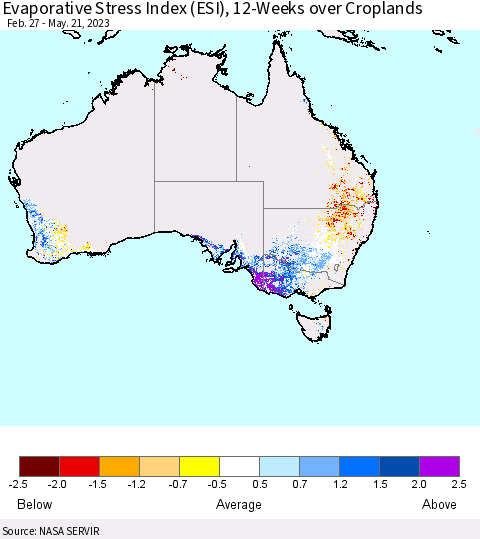 Australia Evaporative Stress Index (ESI), 12-Weeks over Croplands Thematic Map For 5/15/2023 - 5/21/2023