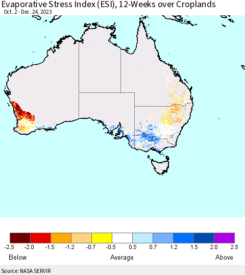 Australia Evaporative Stress Index (ESI), 12-Weeks over Croplands Thematic Map For 12/18/2023 - 12/24/2023