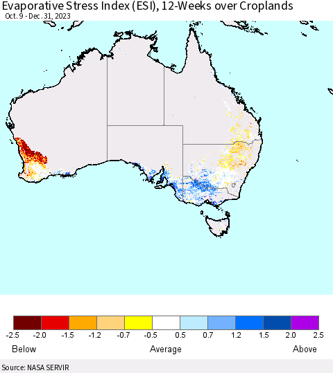 Australia Evaporative Stress Index (ESI), 12-Weeks over Croplands Thematic Map For 12/25/2023 - 12/31/2023