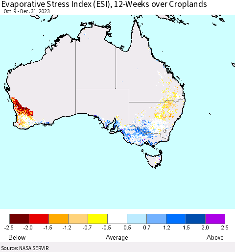 Australia Evaporative Stress Index (ESI), 12-Weeks over Croplands Thematic Map For 1/1/2024 - 1/7/2024