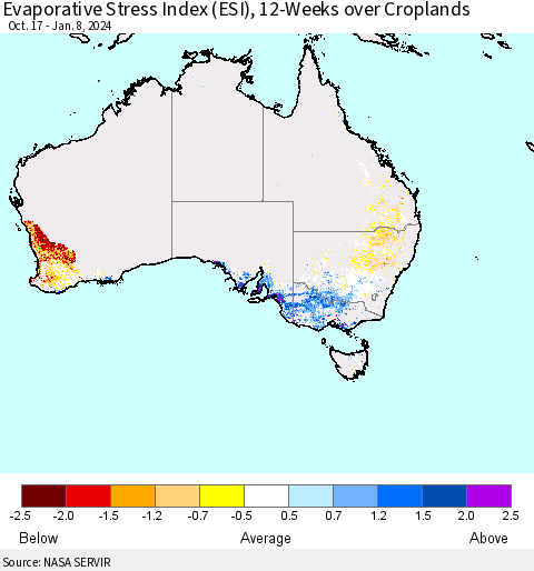Australia Evaporative Stress Index (ESI), 12-Weeks over Croplands Thematic Map For 1/8/2024 - 1/14/2024