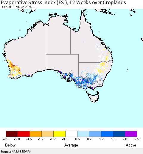 Australia Evaporative Stress Index (ESI), 12-Weeks over Croplands Thematic Map For 1/22/2024 - 1/28/2024