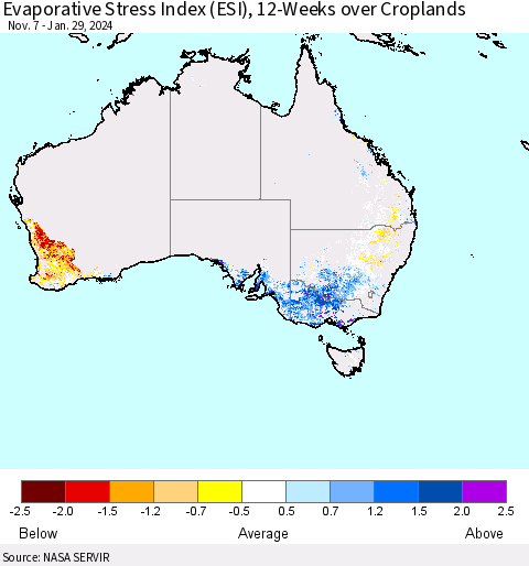 Australia Evaporative Stress Index (ESI), 12-Weeks over Croplands Thematic Map For 1/29/2024 - 2/4/2024